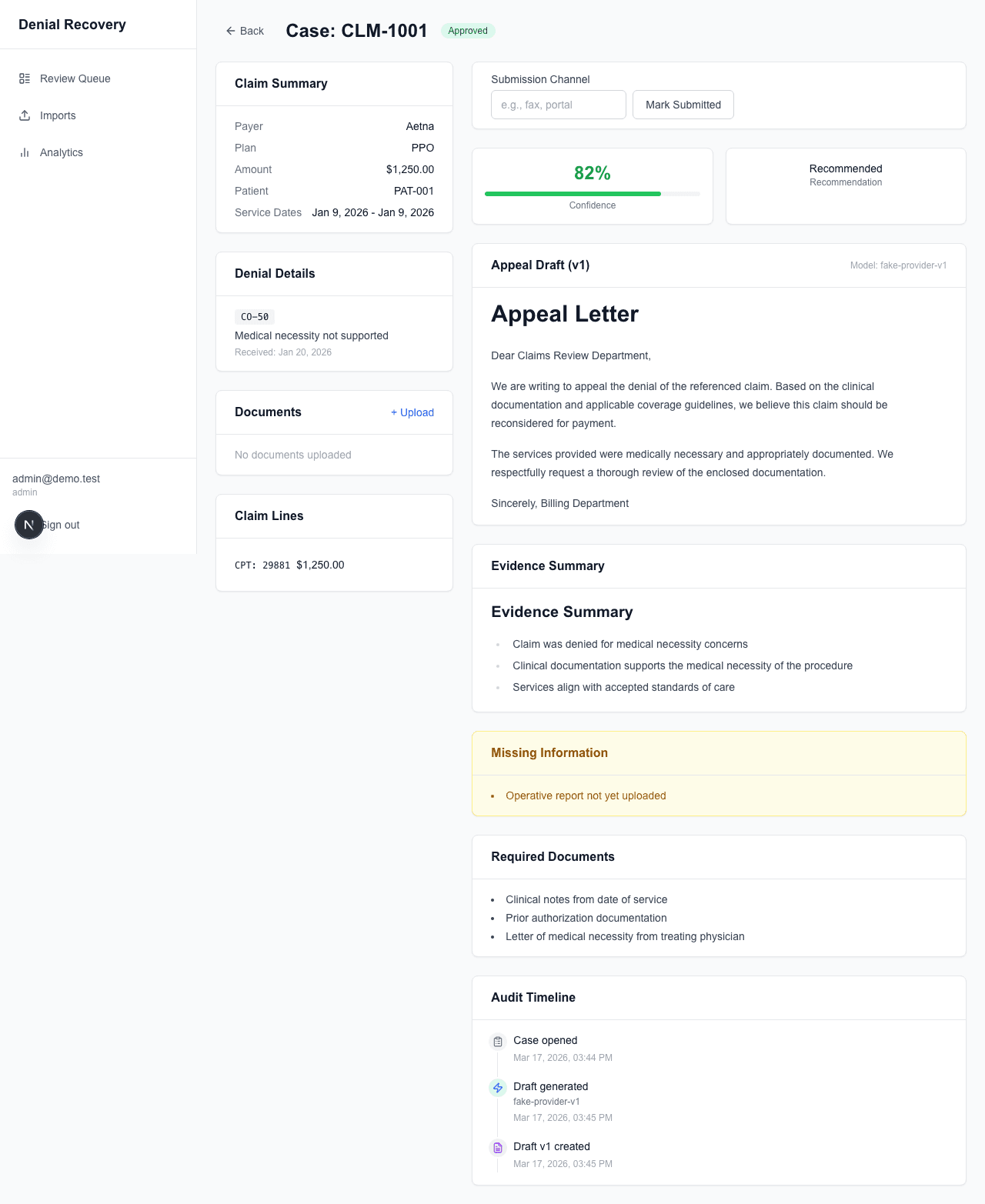 Case detail showing approved appeal draft ready for submission