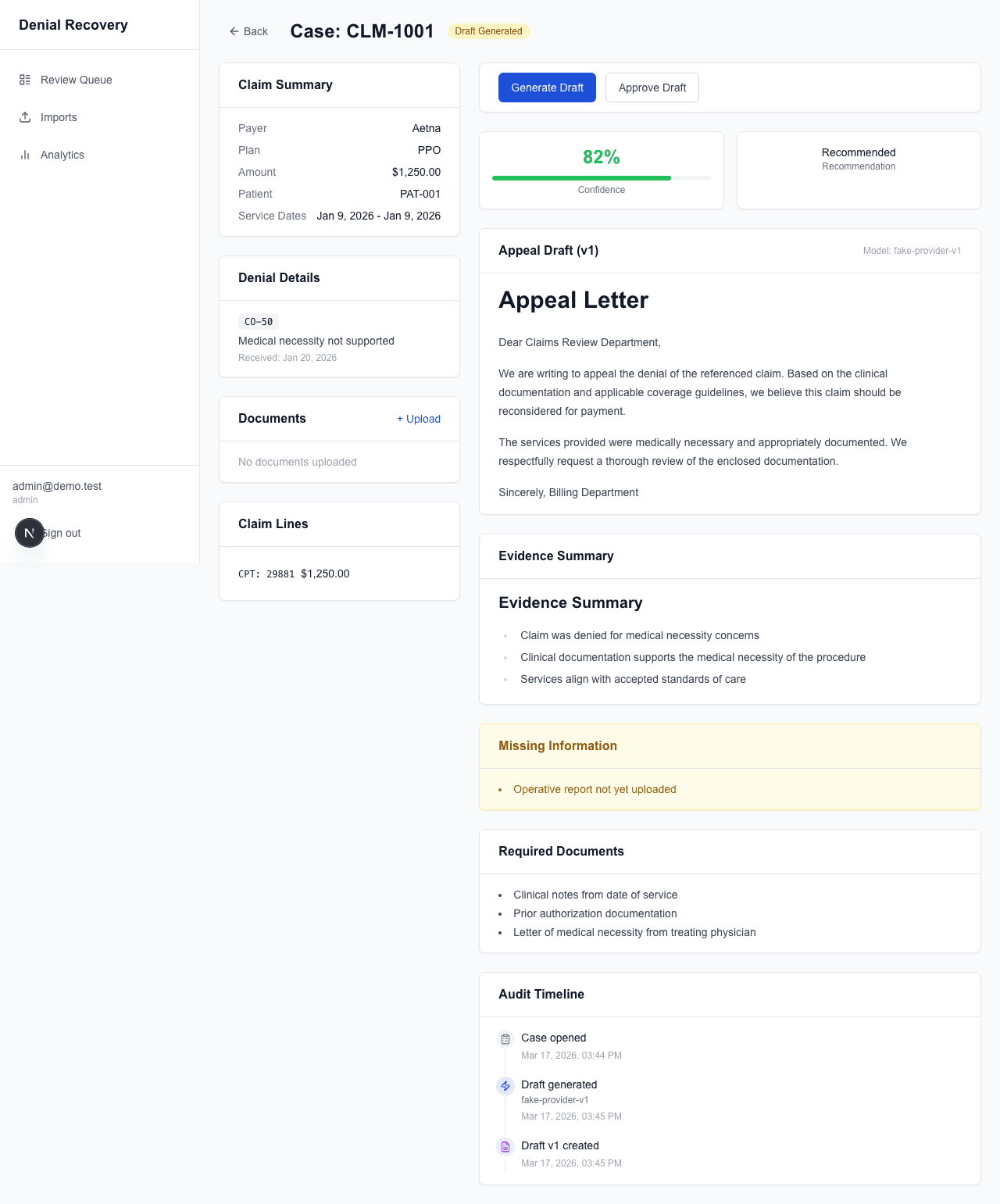 AI-generated appeal draft showing confidence score, appeal letter, evidence summary, and missing documents