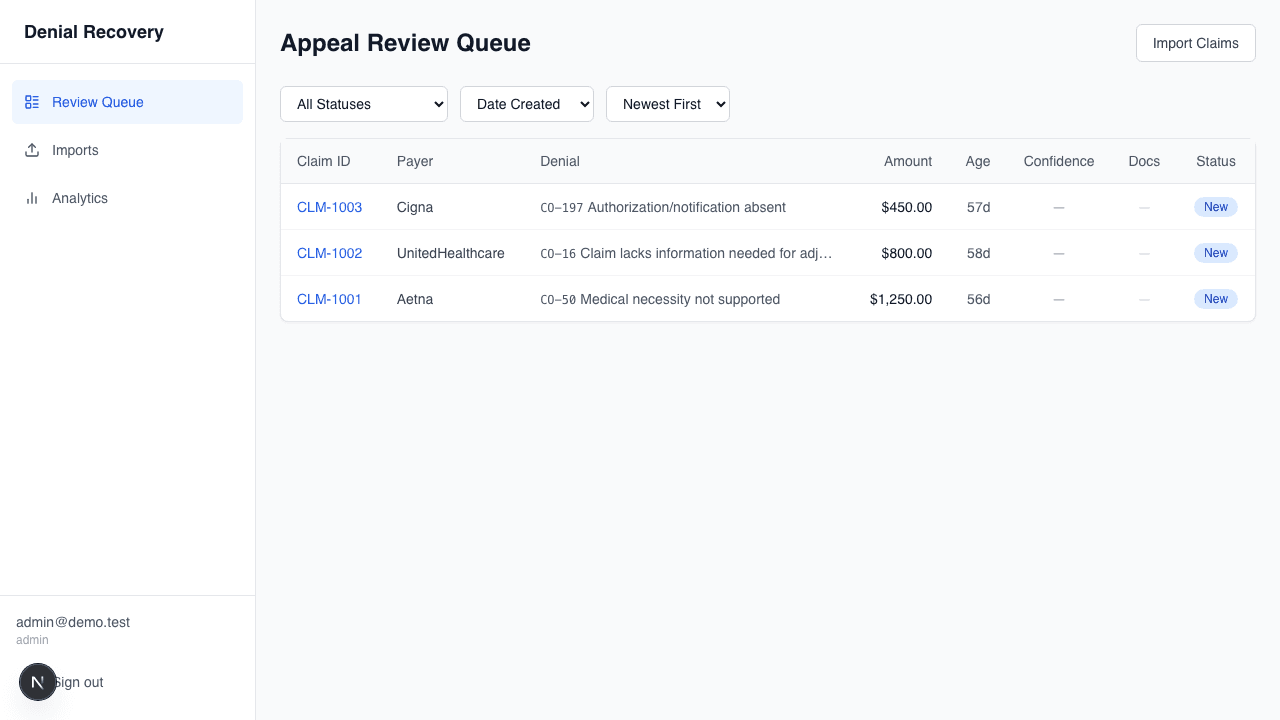 Review queue showing imported denied claims with payer, denial reason, and amount